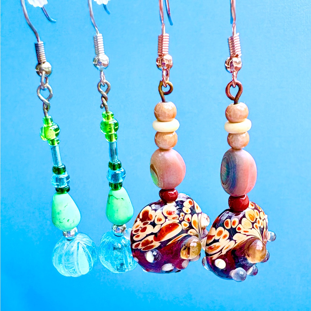 Earrings Pierced Handcrafted Unique Inlaid Glass Beads,Shells & Blue/Green Glass